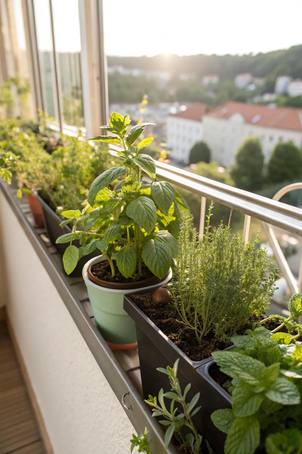 A culinary showcase with mint and herbs in a window box