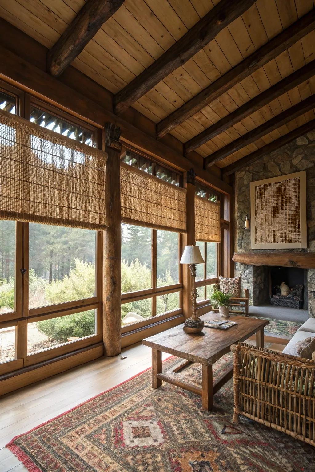 Braided wood shades add texture and heat.
