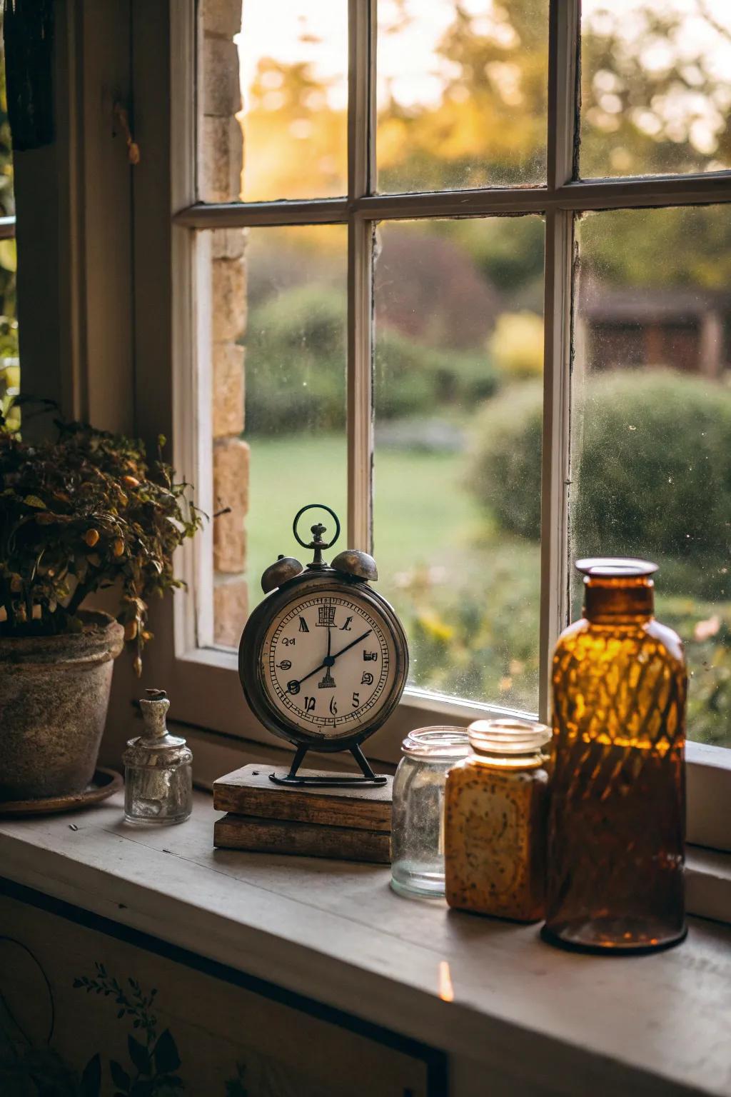 Vintage décor items inject nostalgia into this window sill.