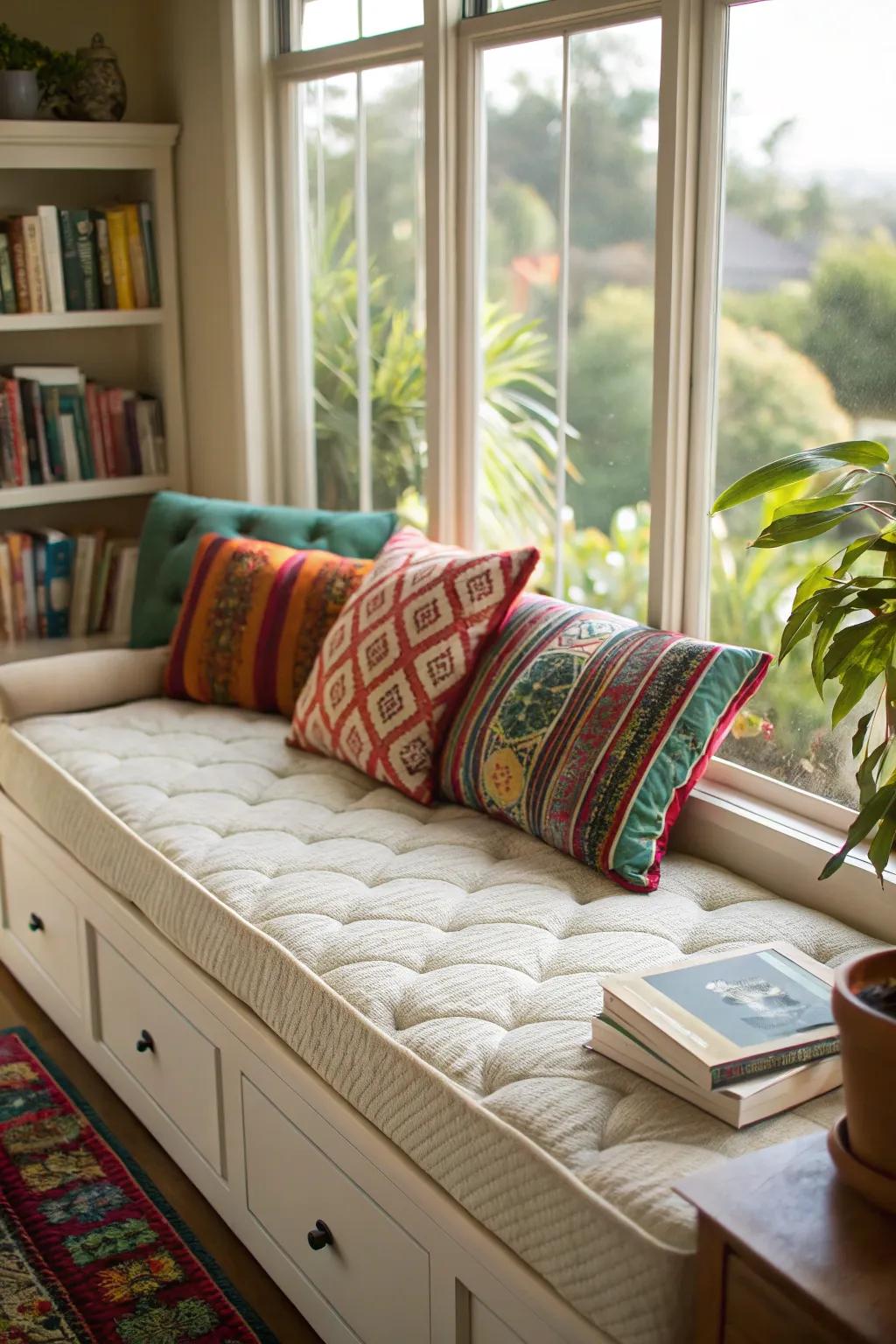 A daybed-style window seating arrangement beckons you to unwind and de-stress.
