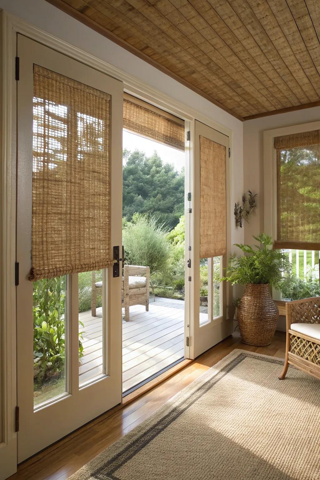 Woven wood shades add texture and natural warmth.