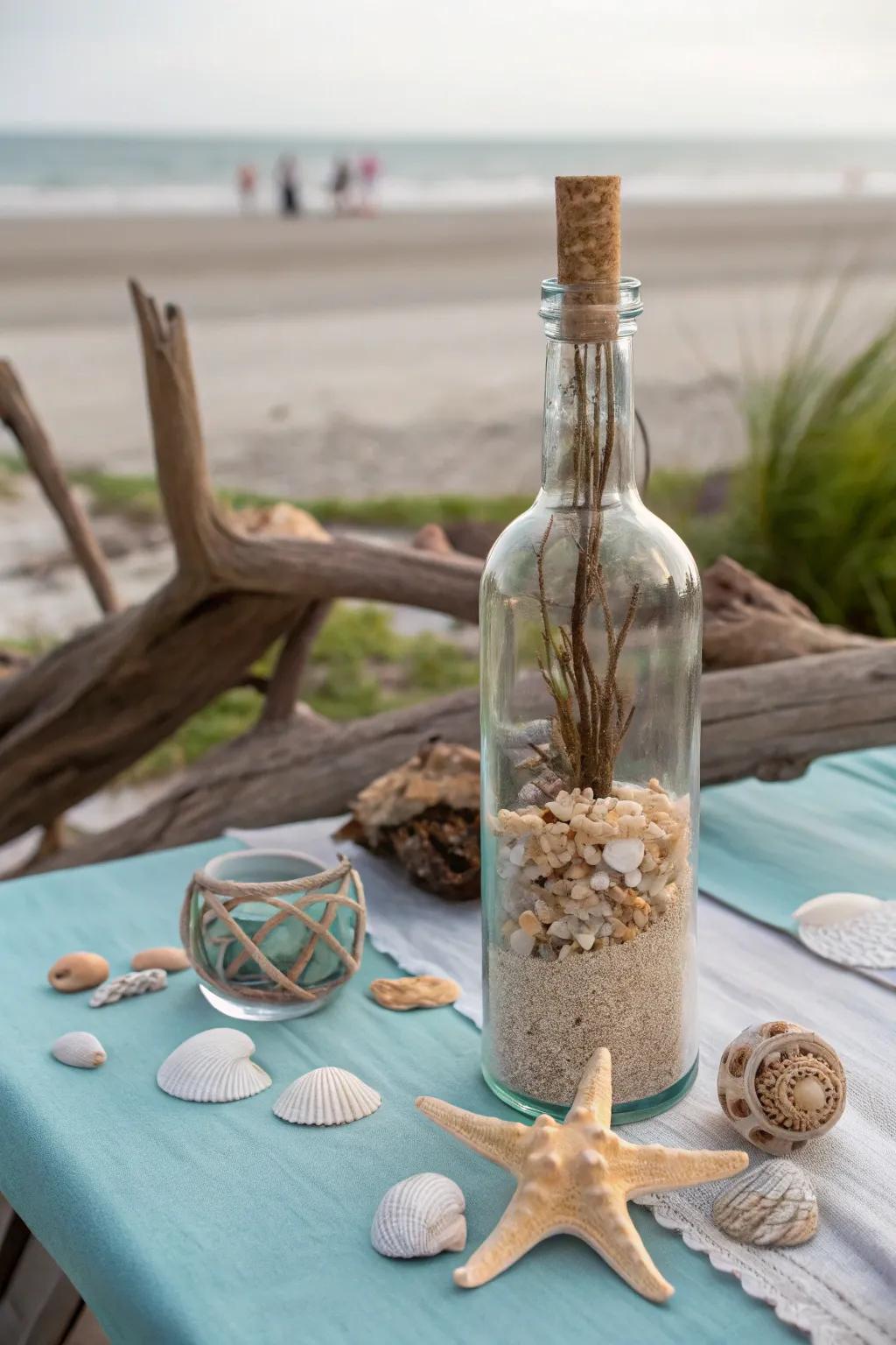Dust and shells create a coastal vibe in a grape juice container vase.
