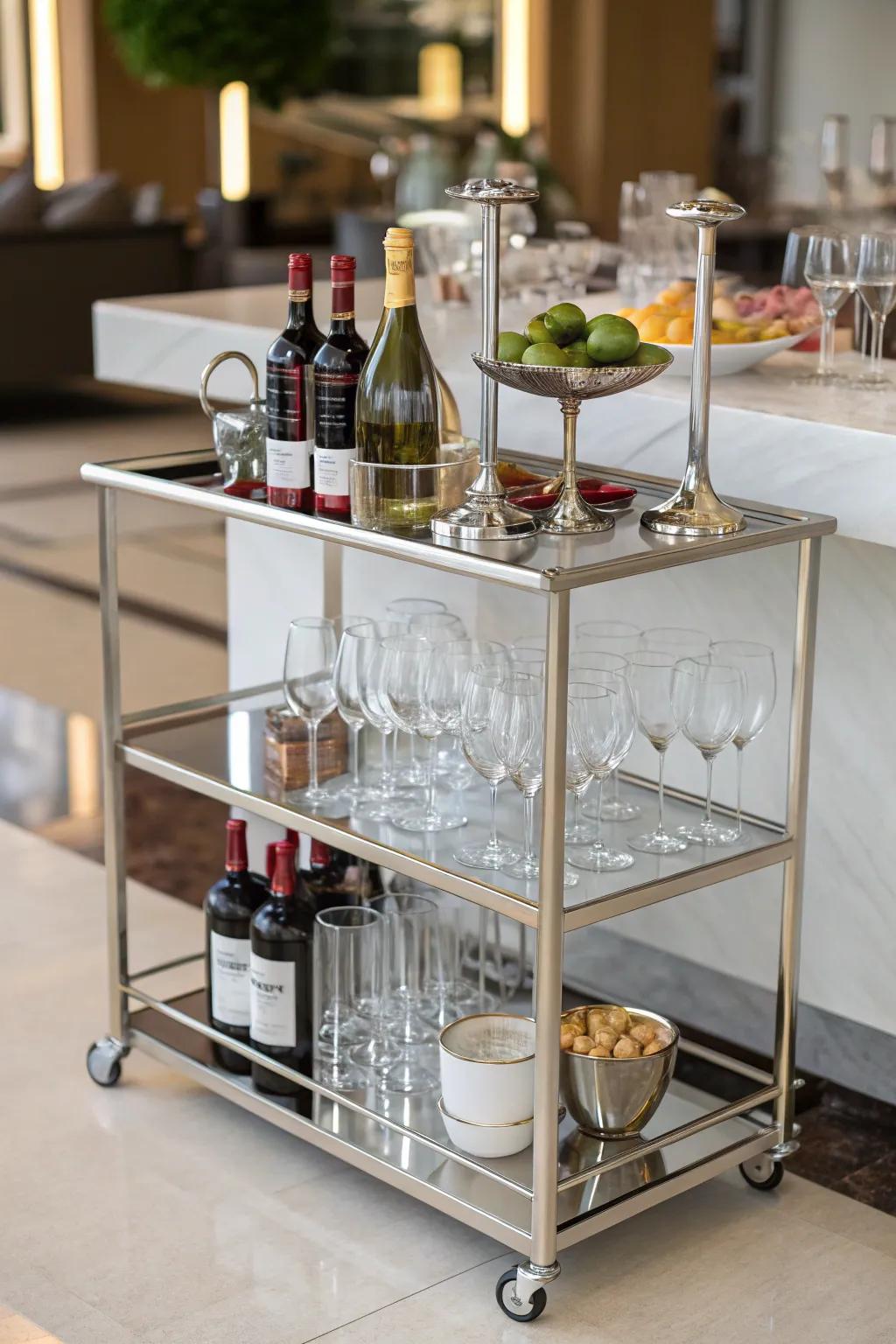A stylish serving trolley spotlighting wine glasses.