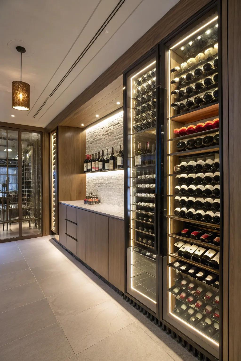 Wine bottles artistically displayed on illuminated walls.