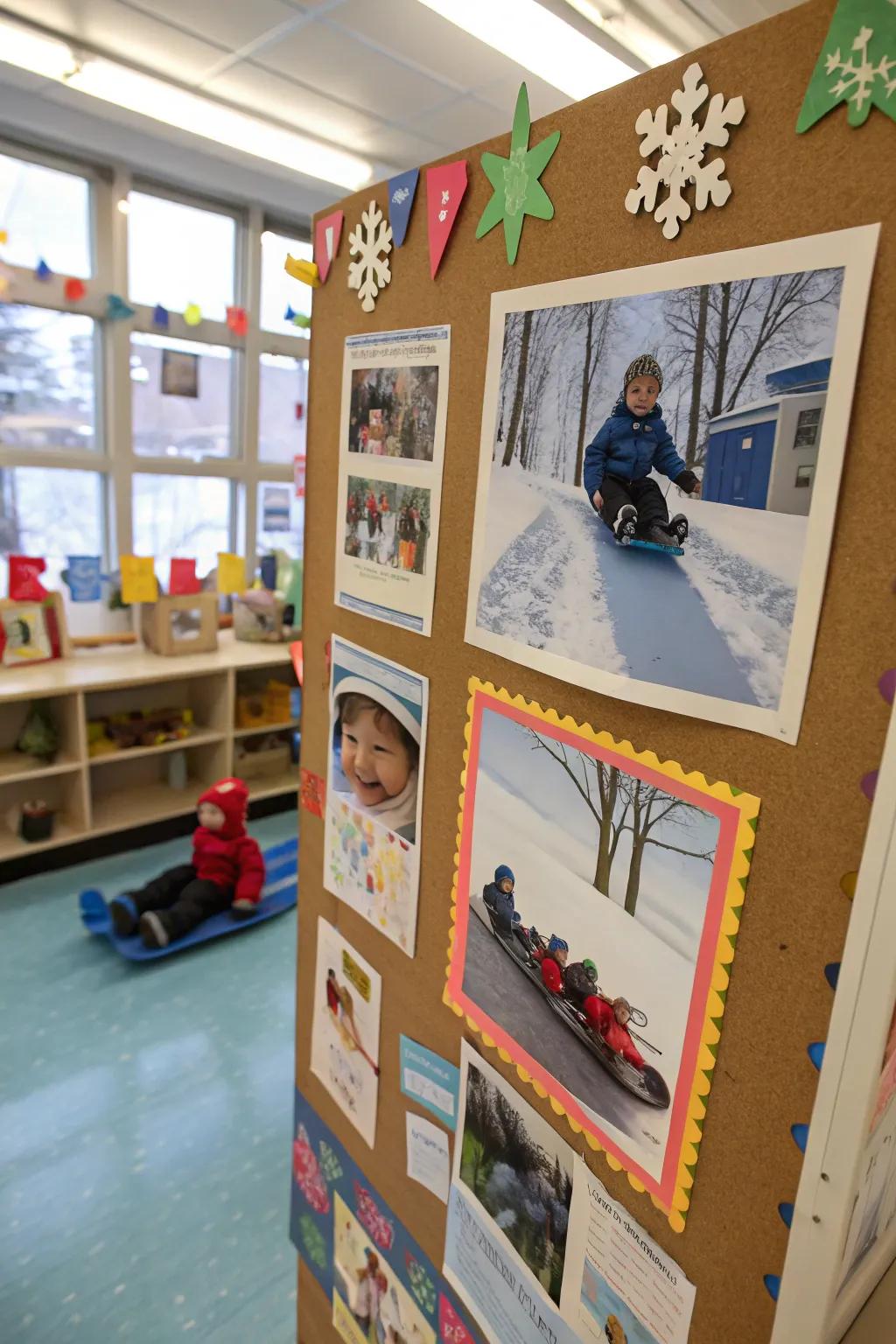 Children's sledding escapades come to life on the bulletin board.