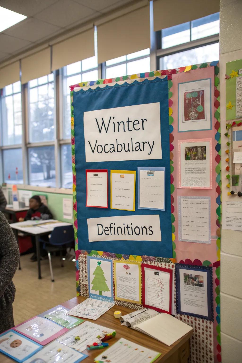 A vocabulary corner enhances the bulletin board with winter-themed learning.