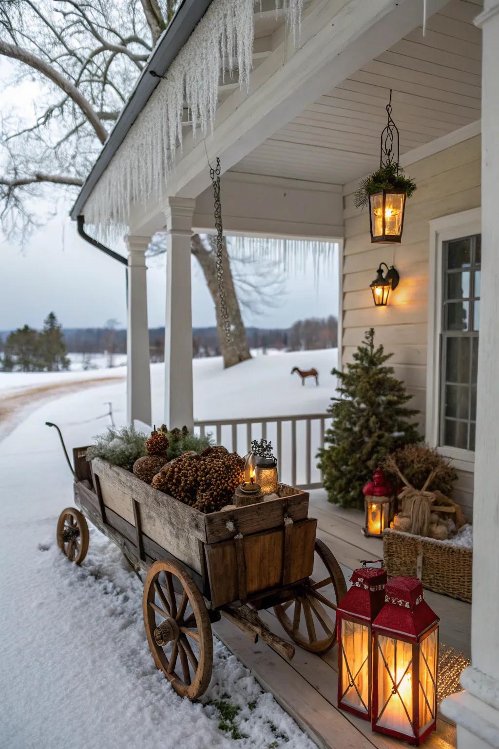 A relic carriage adds charm and character to this winter porch.