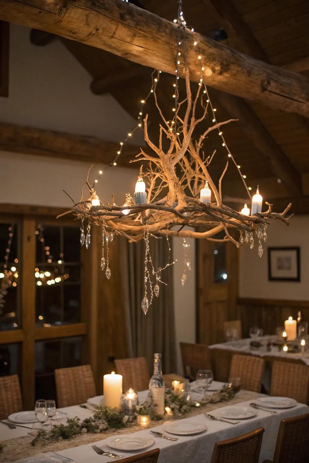 A branch light fixture with twinkling lights casts an otherworldly radiance.
