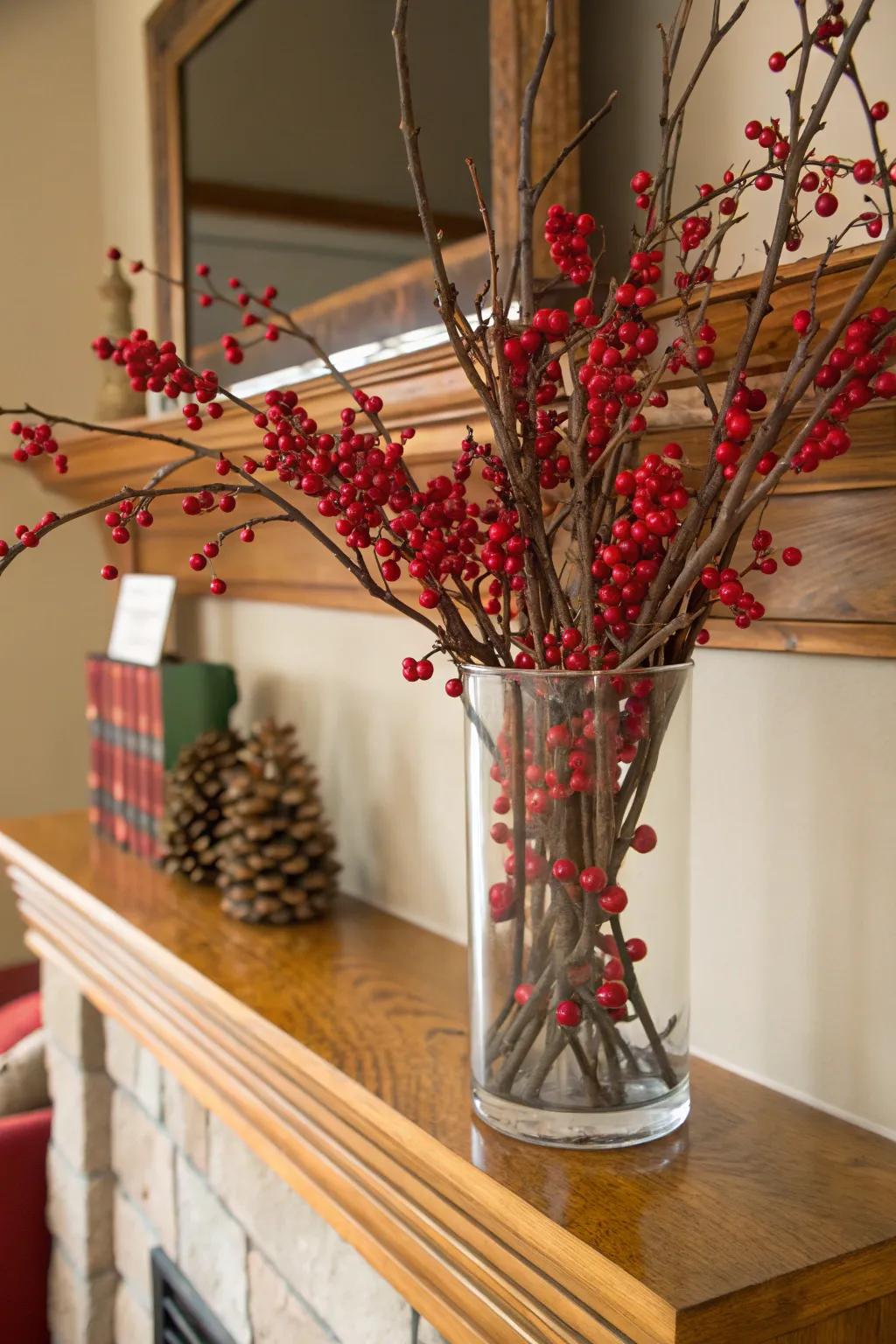 Berry branches present a vibrant contrast in winter decor.