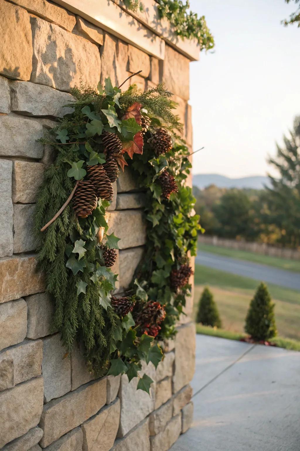 Grapevine and conifers fashion a rustic yet refined arrangement.