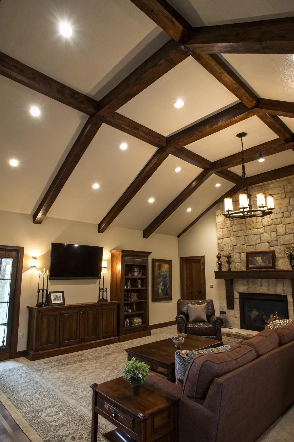 Dramatic family room featuring bold dark timber supports.