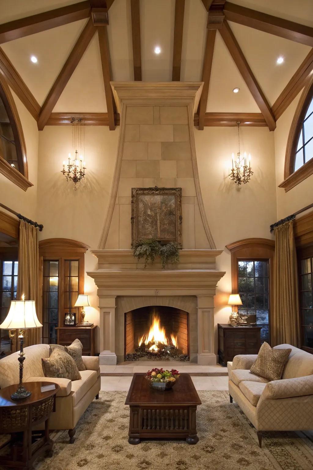 Spectacular soaring ceilings featuring an extended fireplace.
