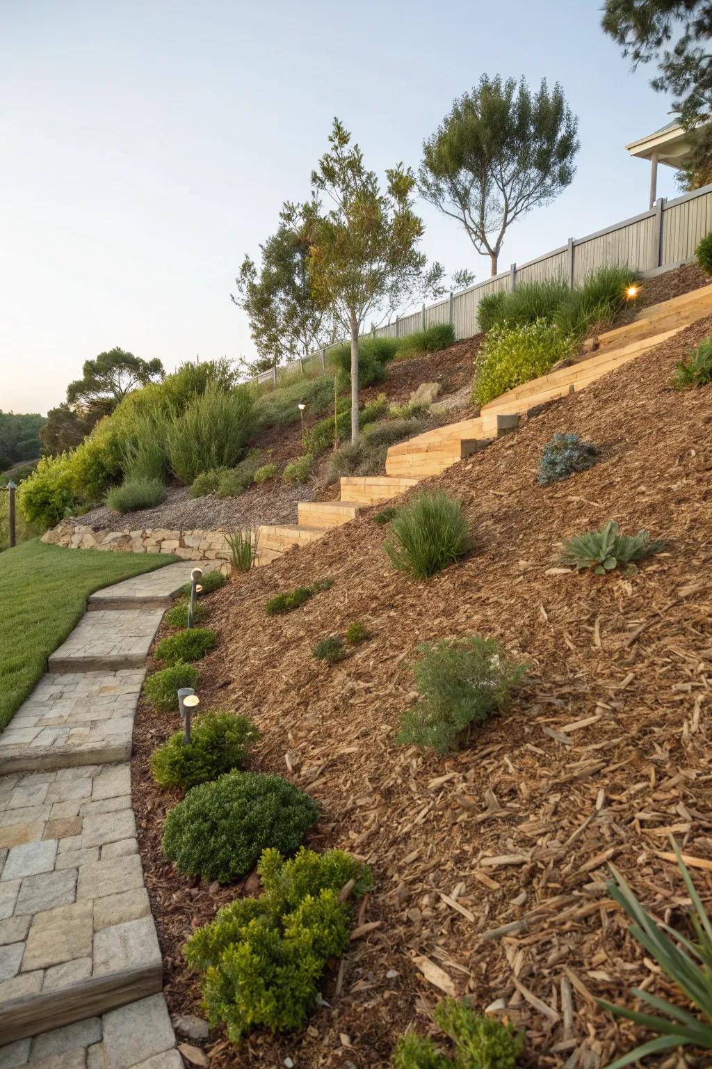 Timber fragments aid in managing displacement on garden inclines.