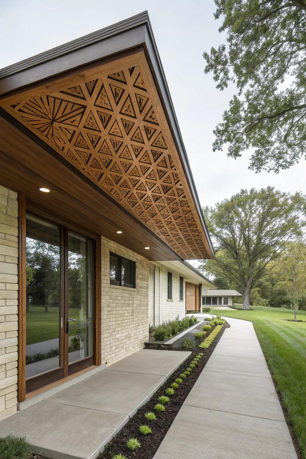 Geometric patterns in wood soffits add an artistic flair.