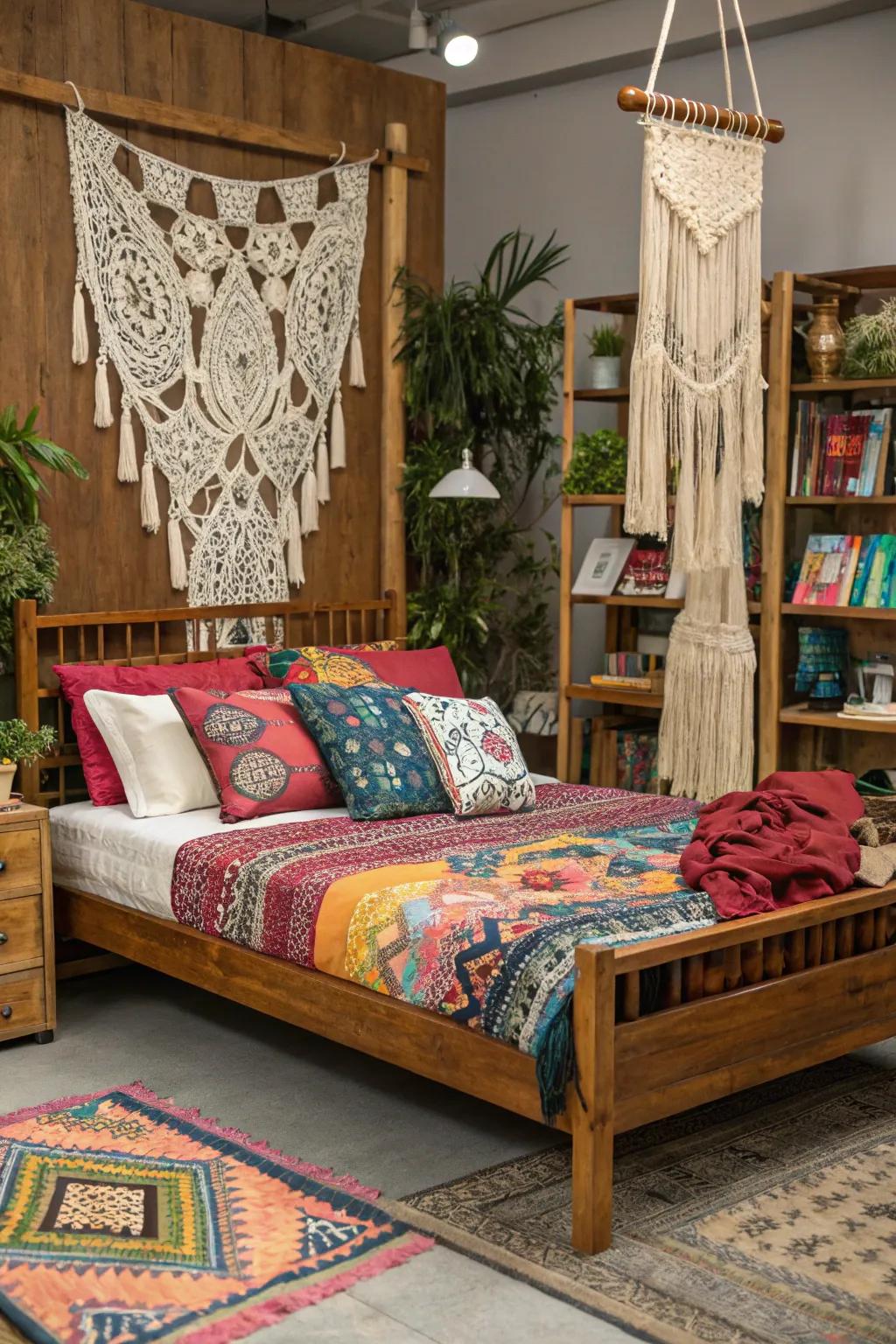 Bohemian style animates this wood bed.