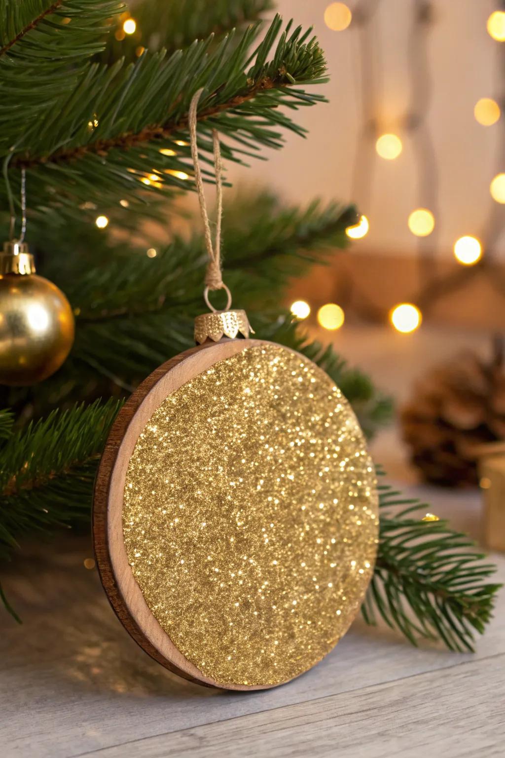 Golden twinkle transforms this wooden ornament into a festive jewel.