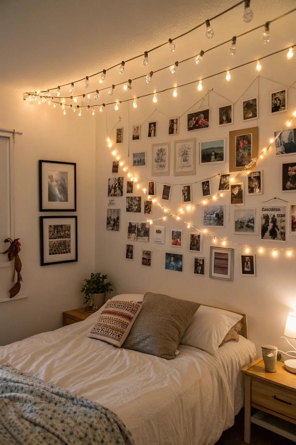 A gallery wall lit with LED clip lights showcases personal memories.