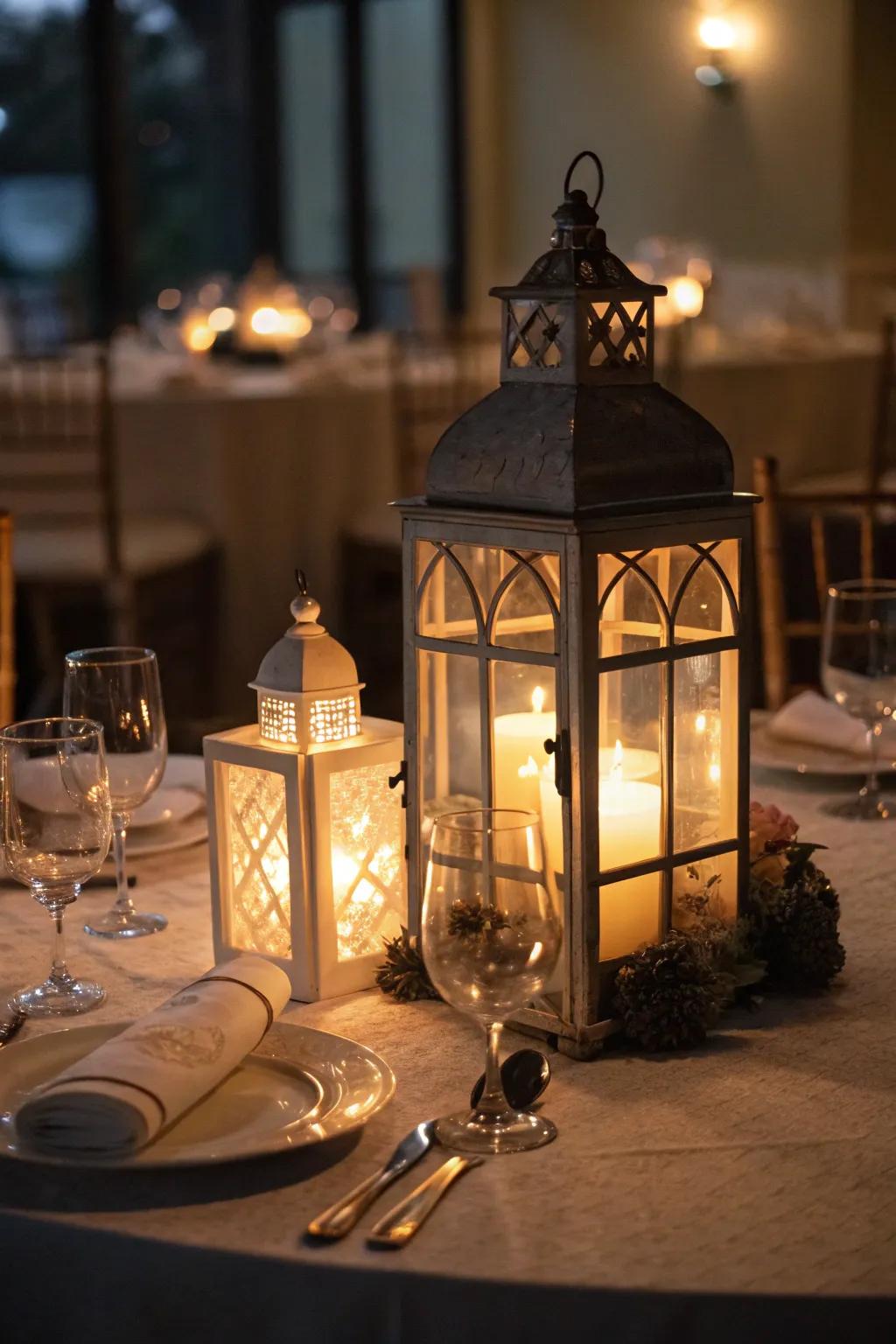Lantern centerpieces illuminate the night with beauty.
