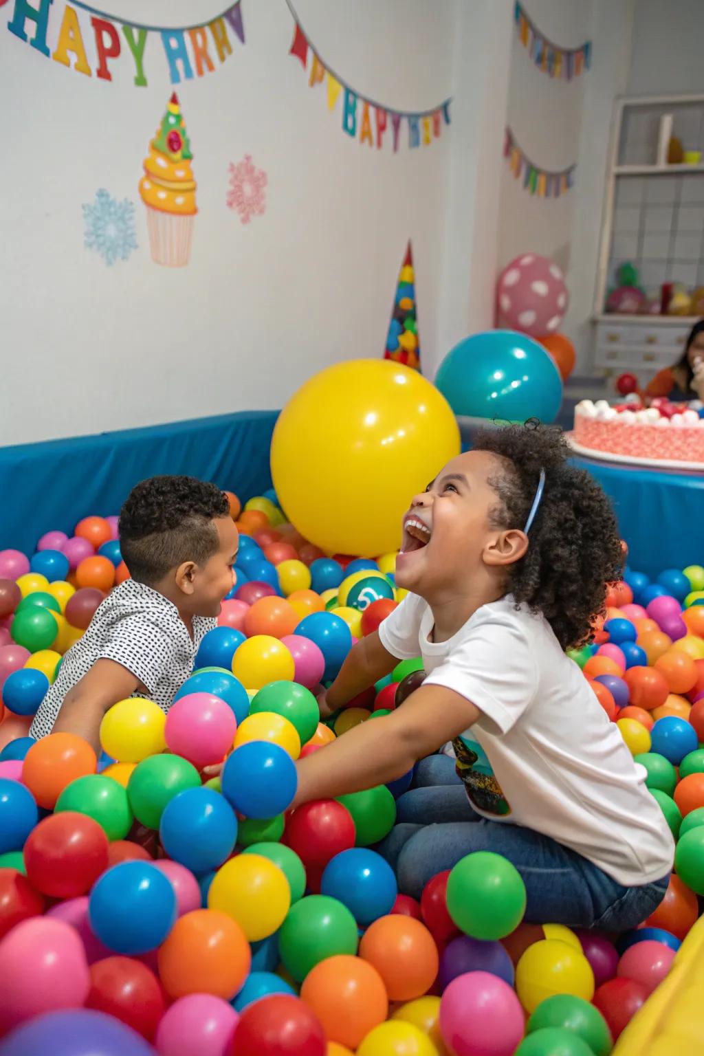 A vibrant ball pit ensures laughter and delight at any first birthday celebration.