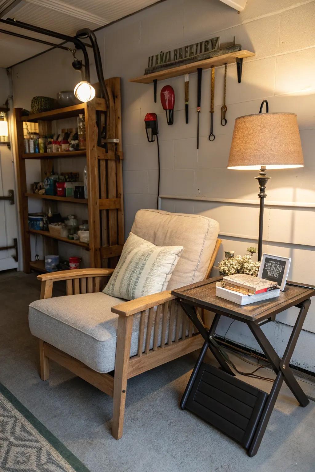 Your garage gains comfort and a personal touch from a relaxation area.