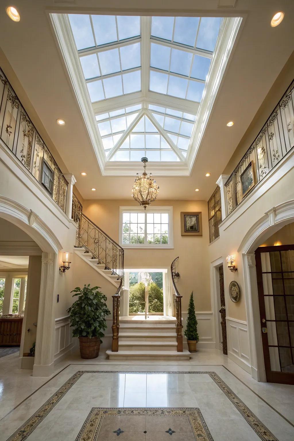 Overhead windows bring natural light and enhance the foyer's airy feel.