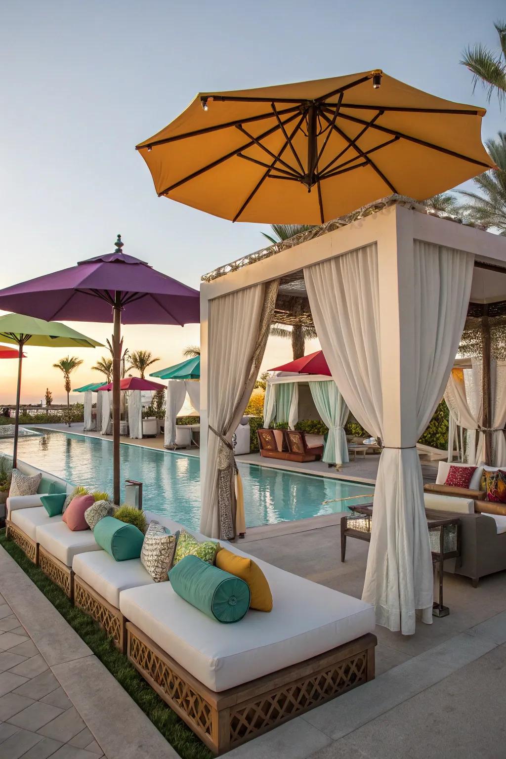 An elegant cabana retreat offers a comfortable escape by the pool.