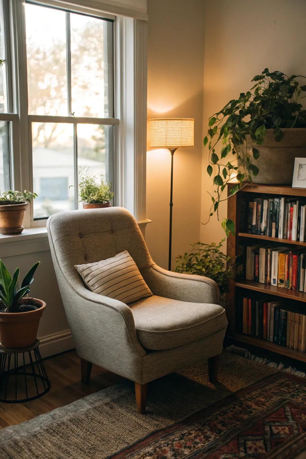 A reading corner acts as a personal retreat for relaxation.