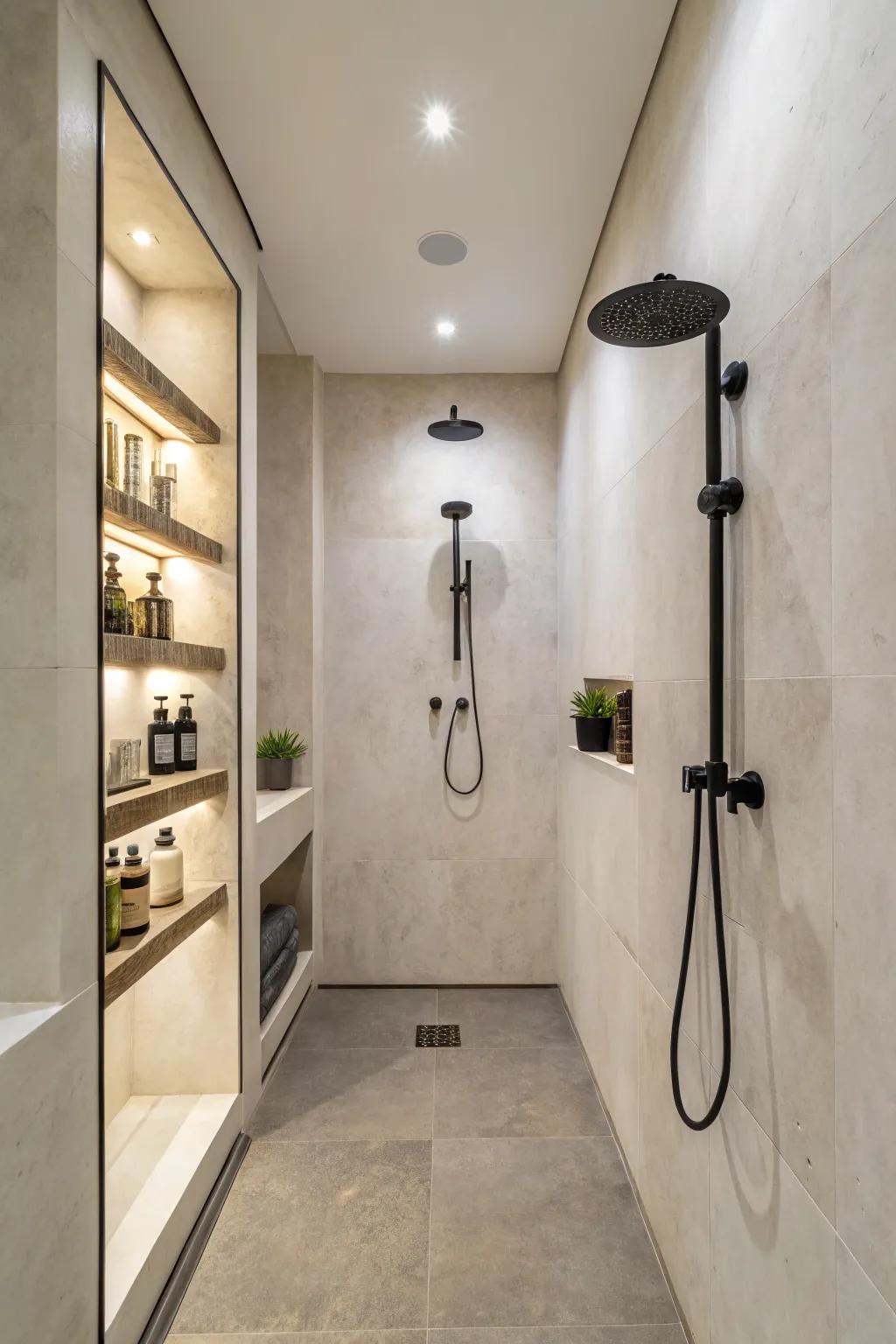 Surface-mounted spouts contribute a refined touch to compact showers.
