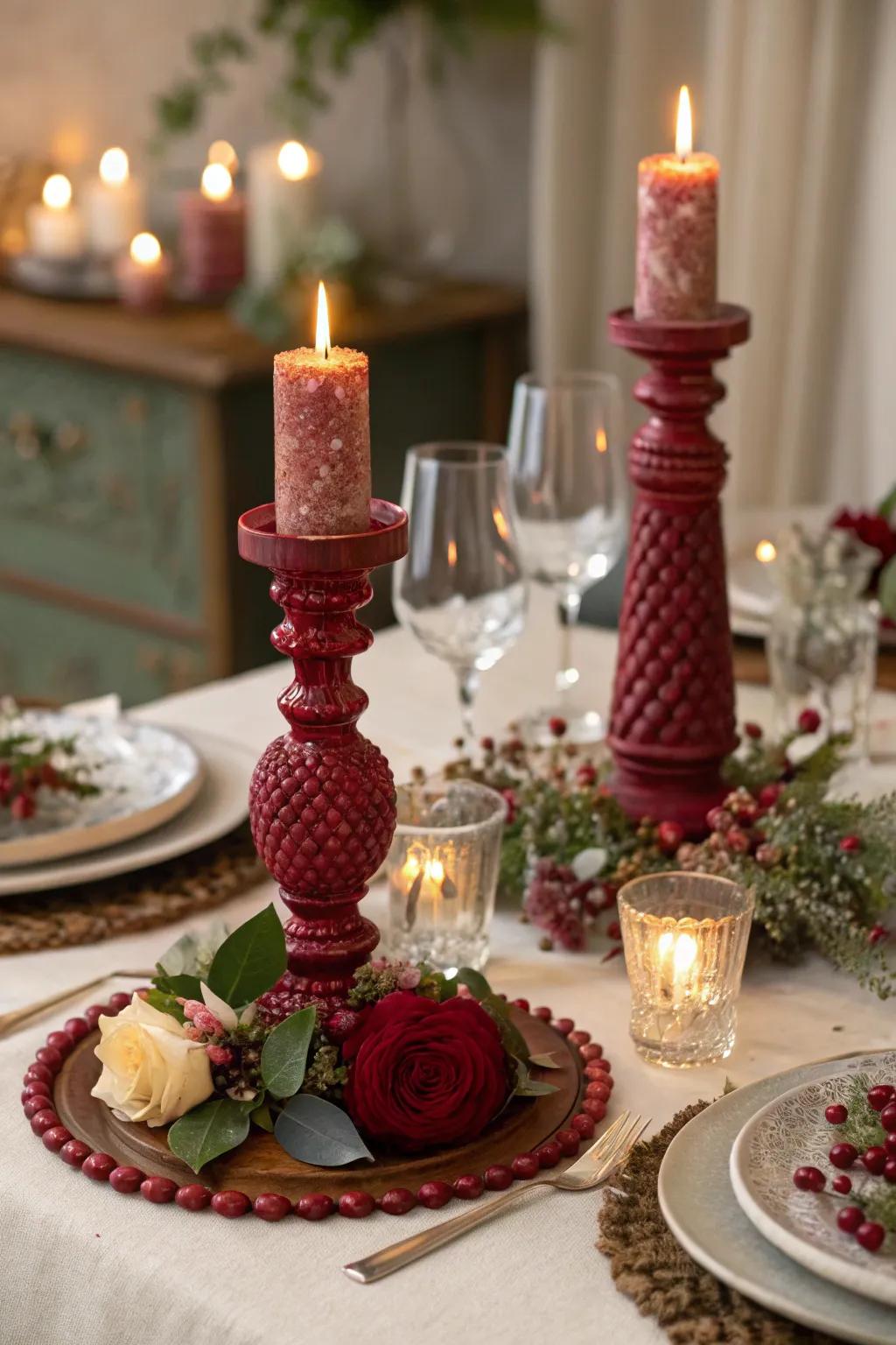 Handcrafted carmine candle vessels establish a cozy ambiance.