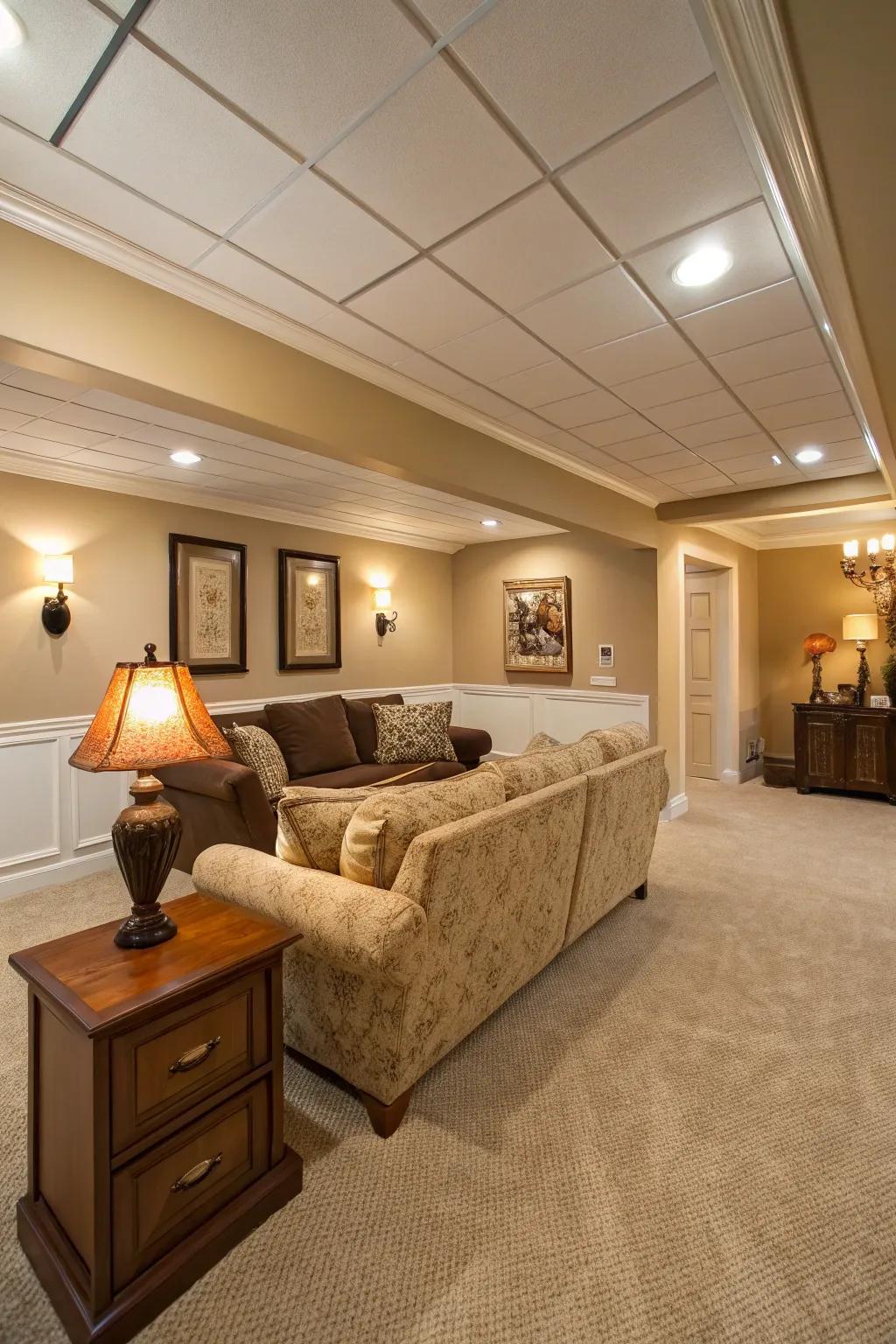 The coziness of your basement is enhanced by neutral and warm colors.