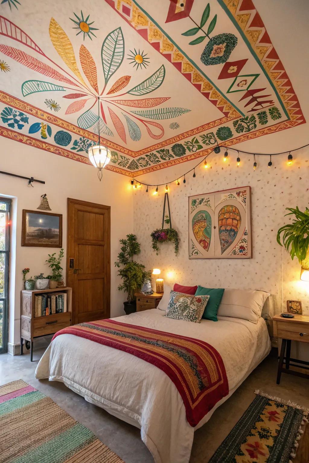 Colorful ceiling accents add unexpected intrigue and depth to the room.