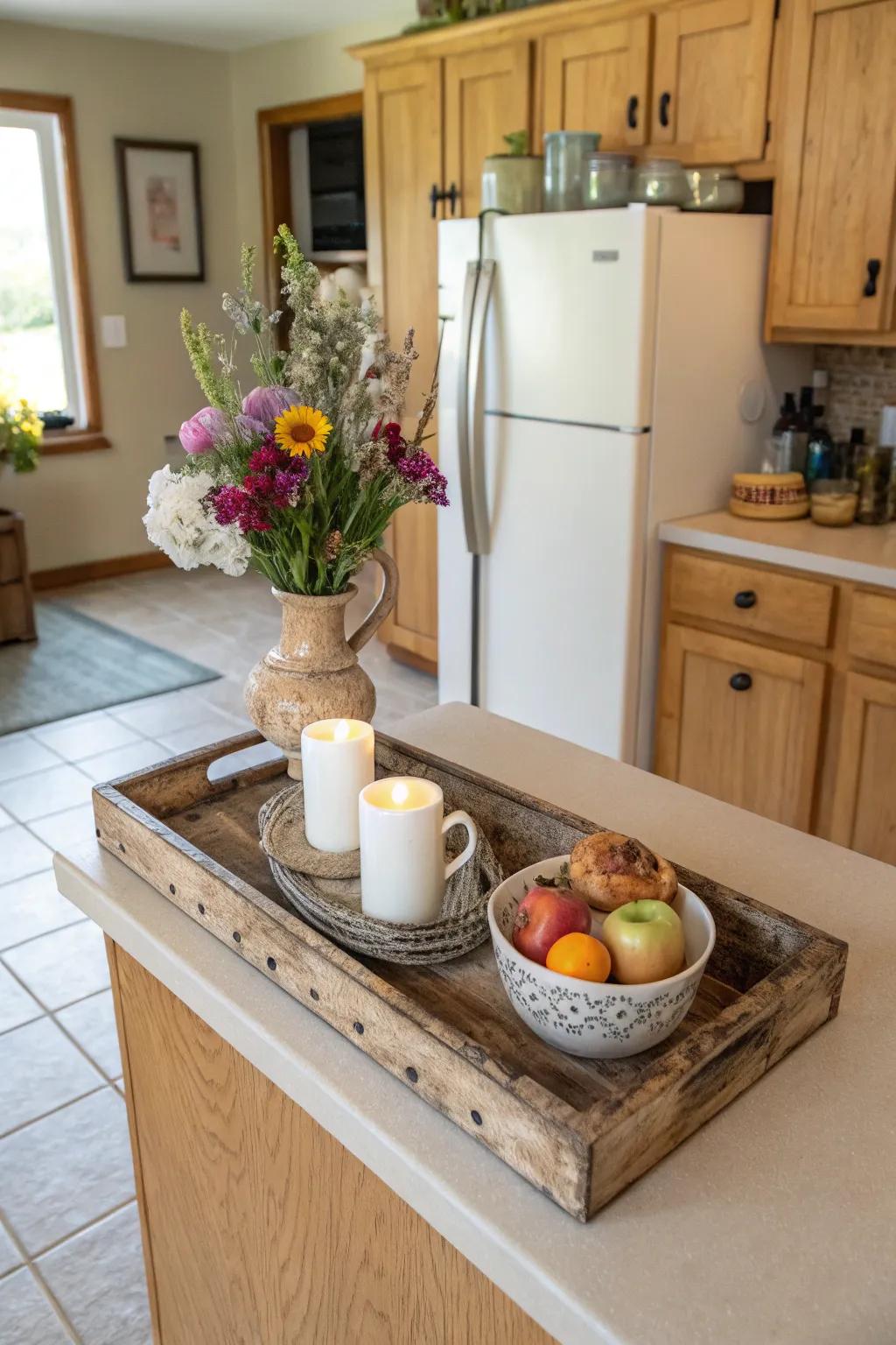 A timber platter contributes earthy charm and arrangement.