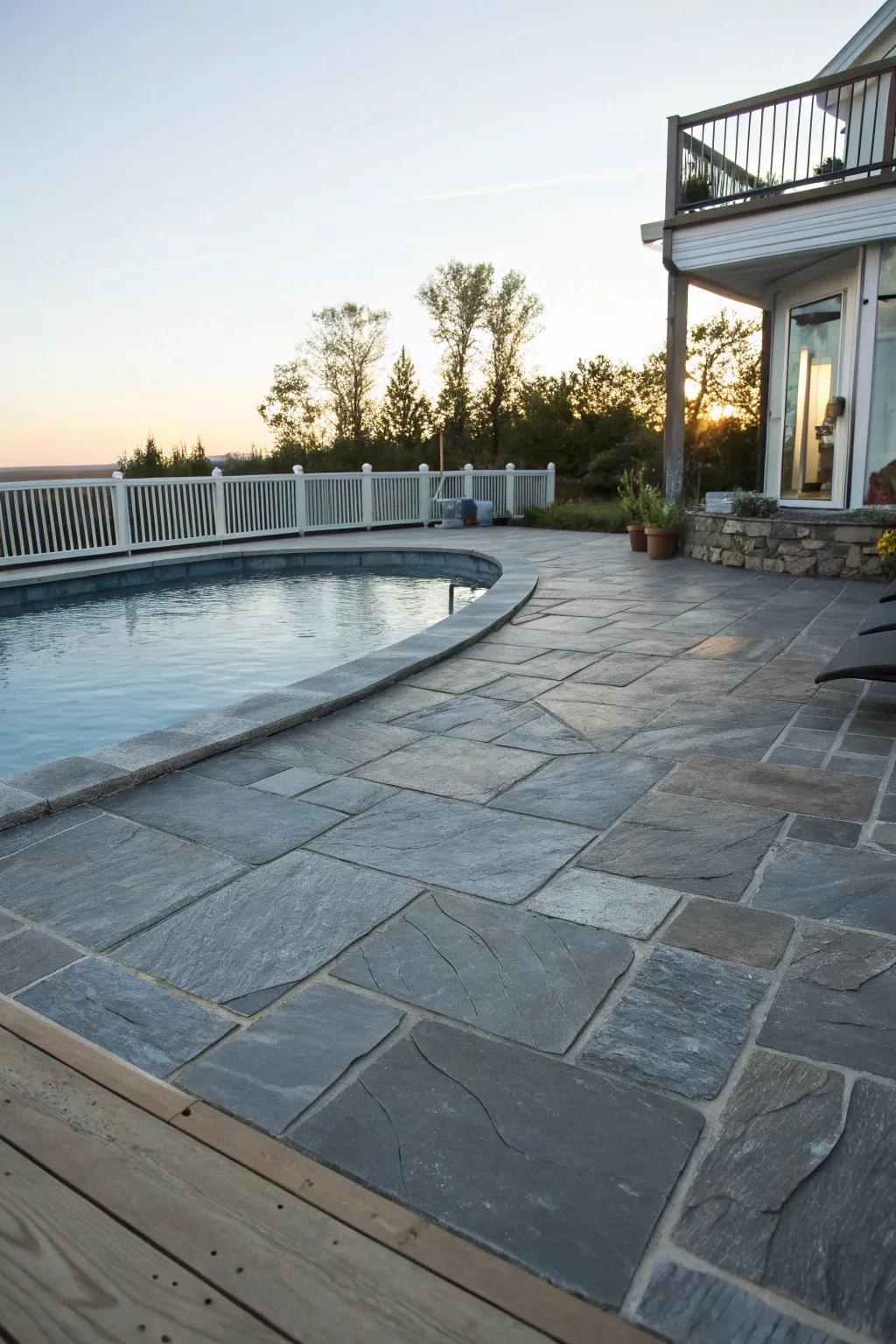 Stone surfaces offer elegance and durability for pool decks.