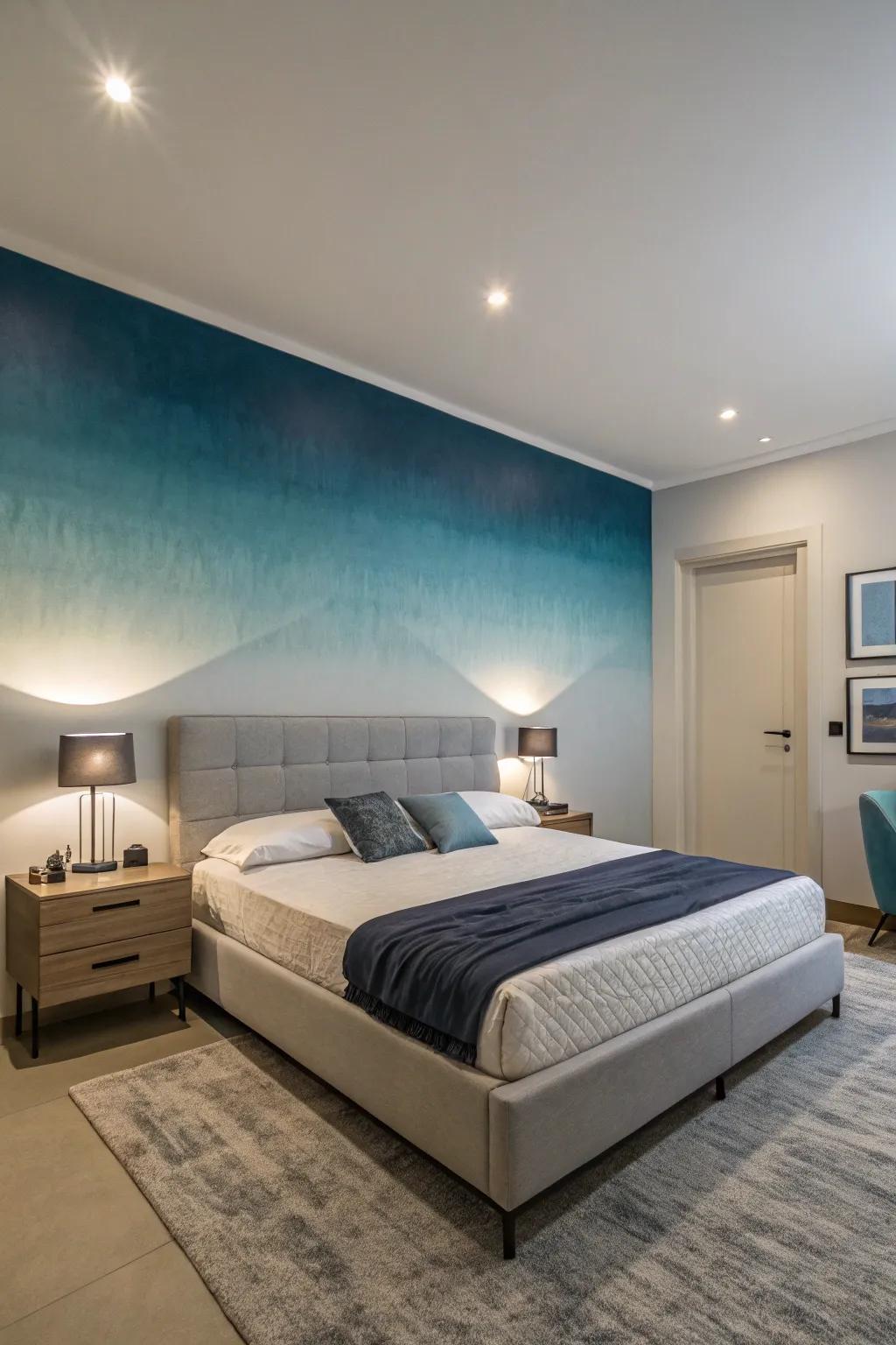 Ombre transitions on the feature wall introduce dynamic dimension to the bedroom.