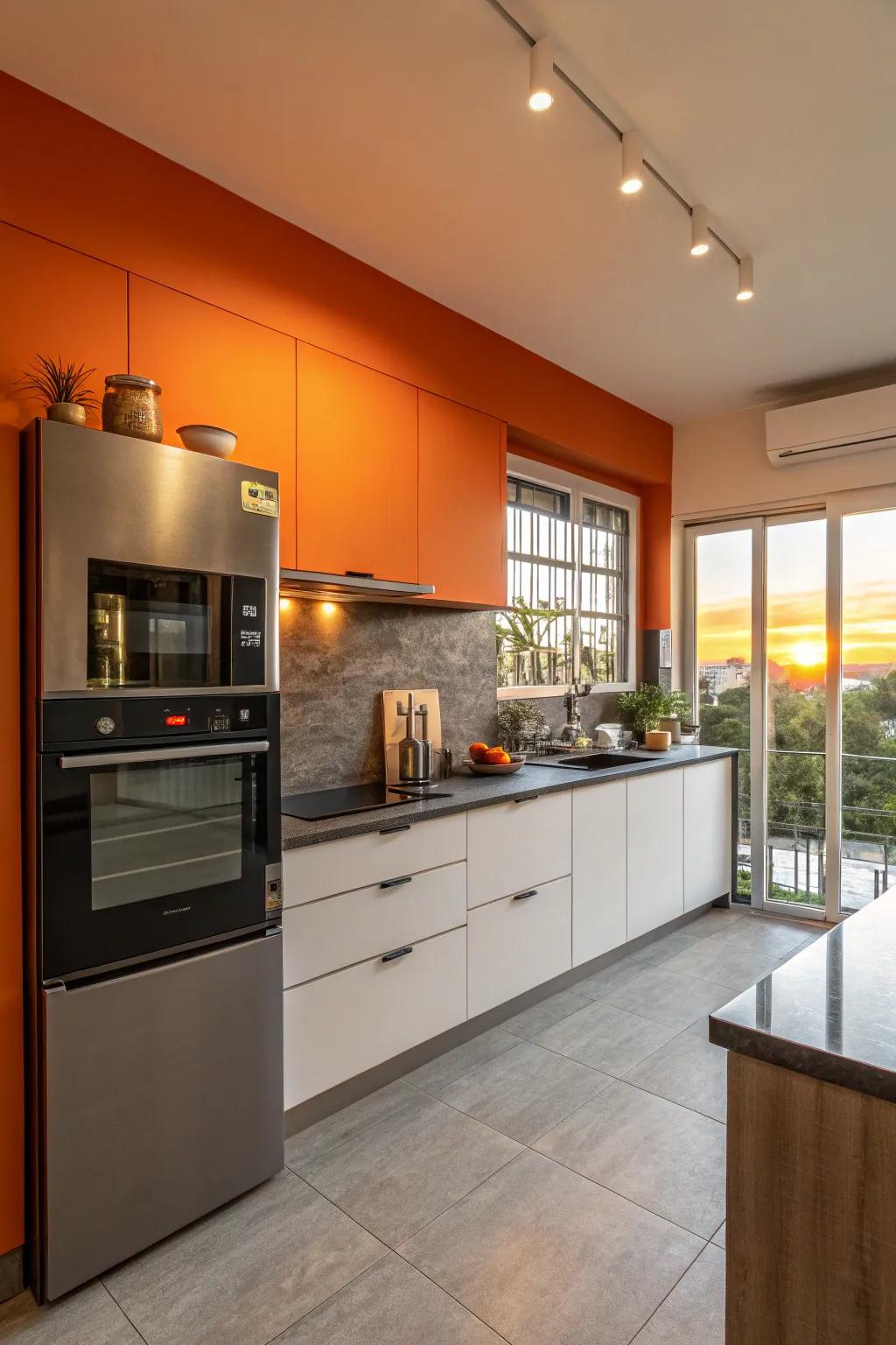 A comforting cooking space with a sunset-inspired feature wall.