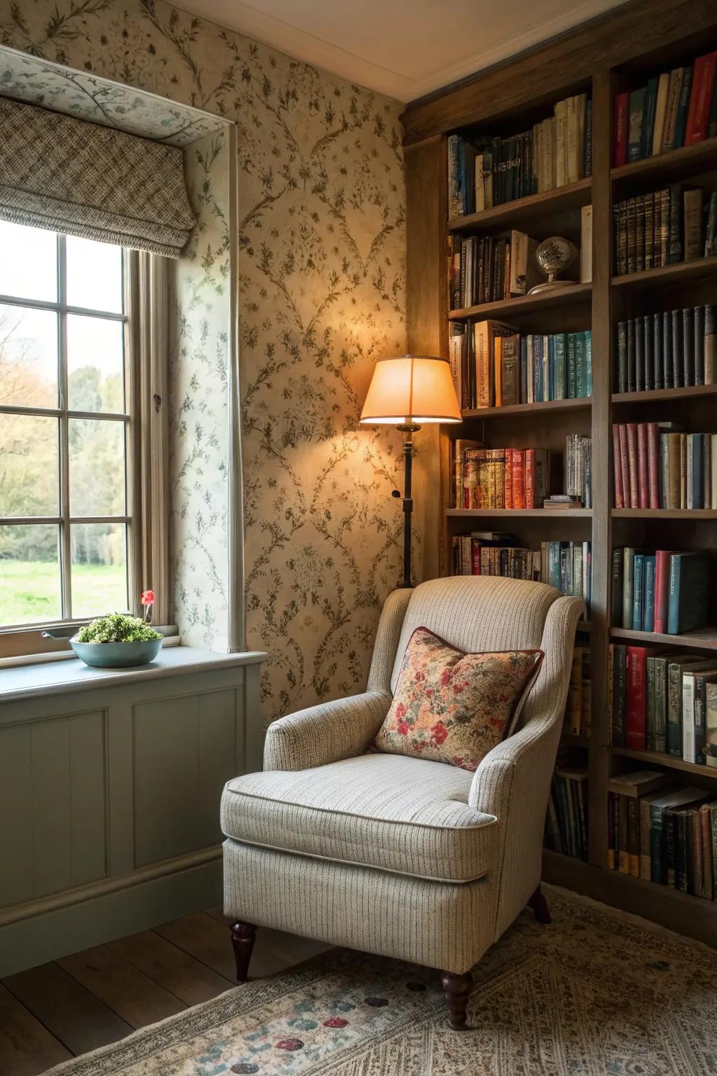 A reading nook featuring vintage-style wallpaper for a nostalgic feel.