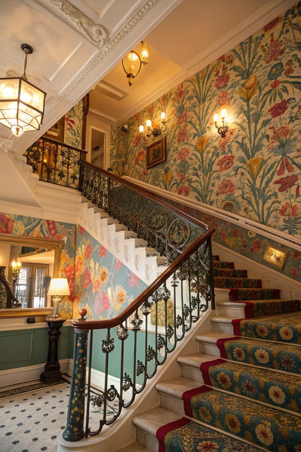 Vibrant wallpaper transforms a staircase into a captivating focal point.
