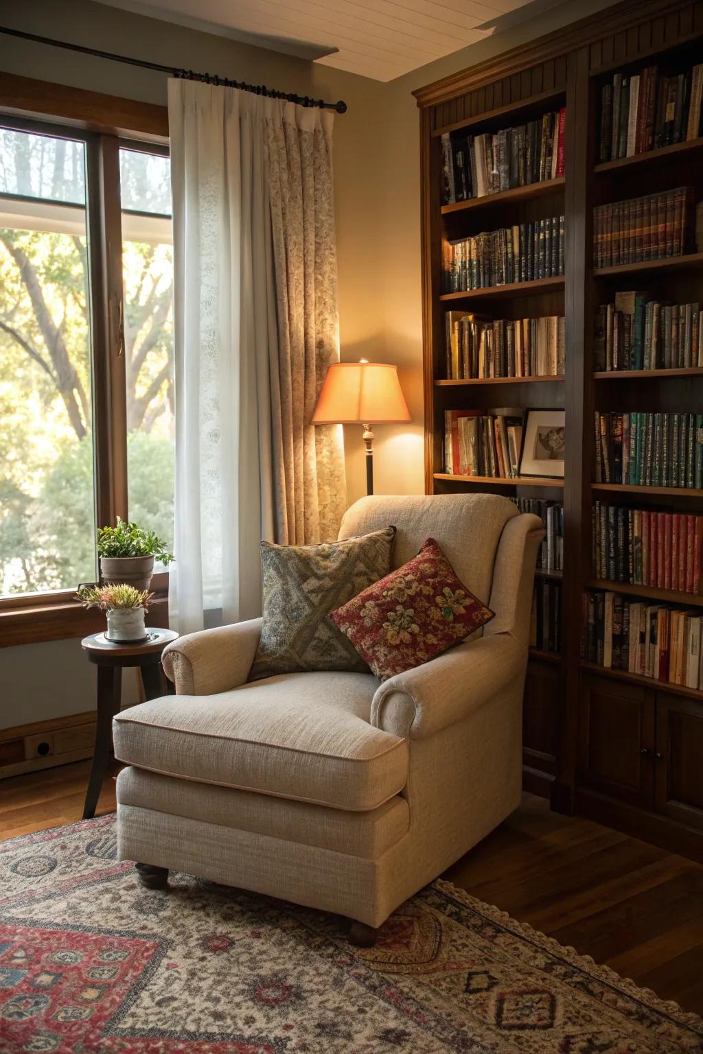 A comfortable reading area inside the living space.