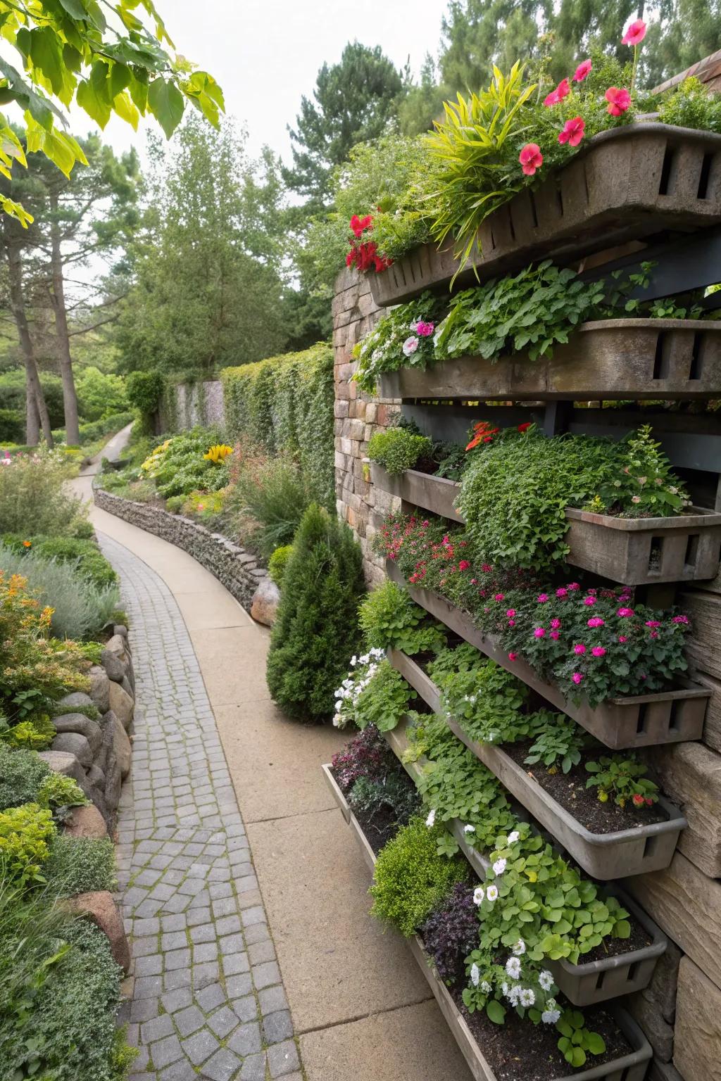 A striking living wall featuring vertical alpine planters.