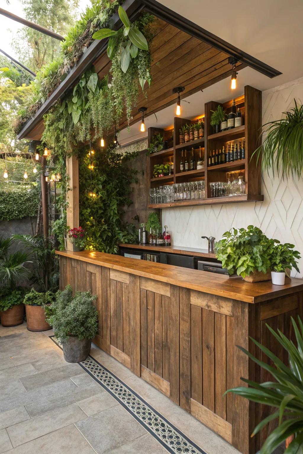 This welcoming bar is made warmer by the addition of natural elements.