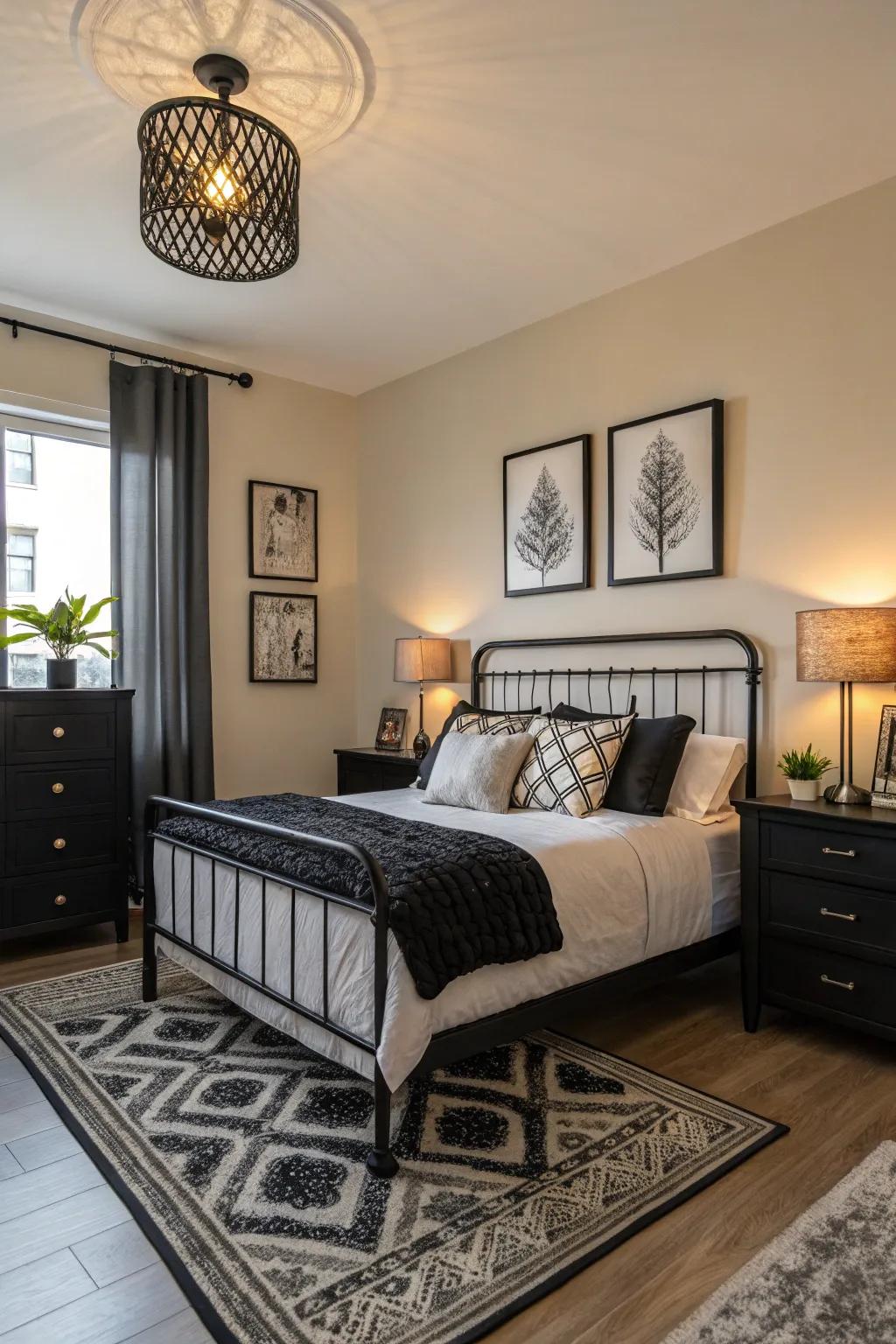 An apartment bedroom enhanced by sharp dark accents in the décor.