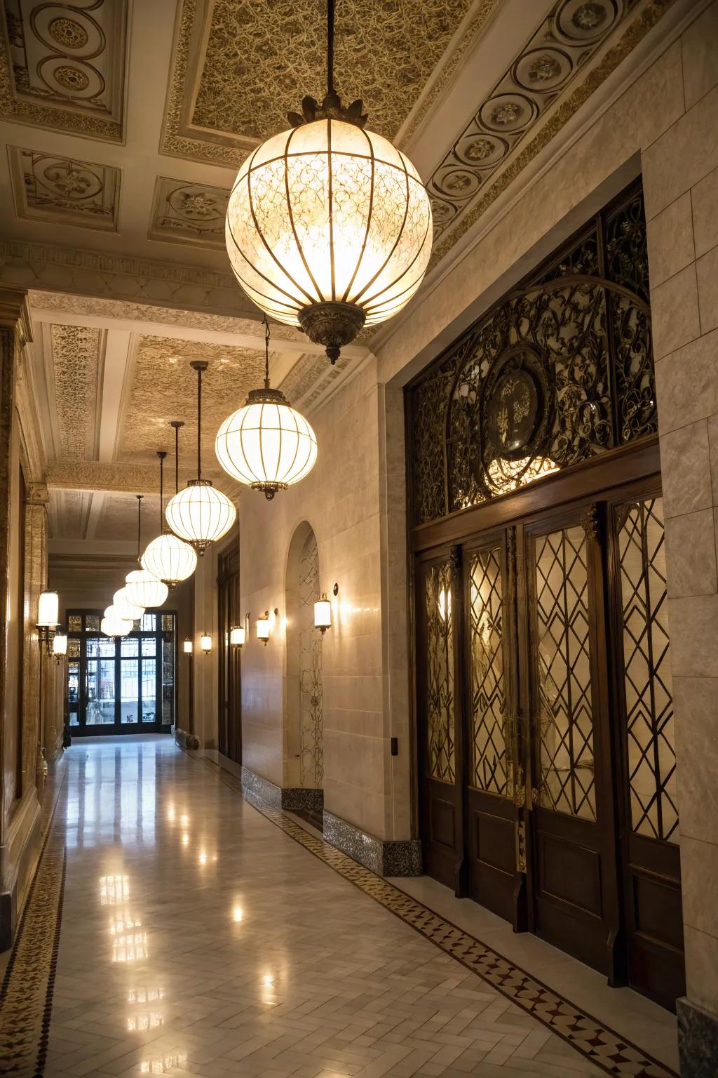 An entryway brightened by stylish round lights.