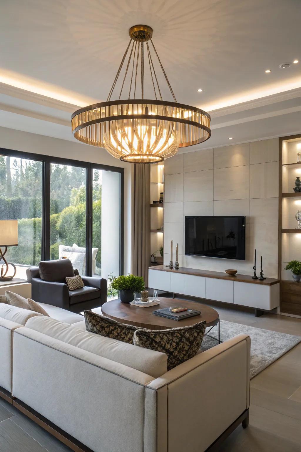 A showpiece lighting fixture enhances the visual appeal of this modern living room.