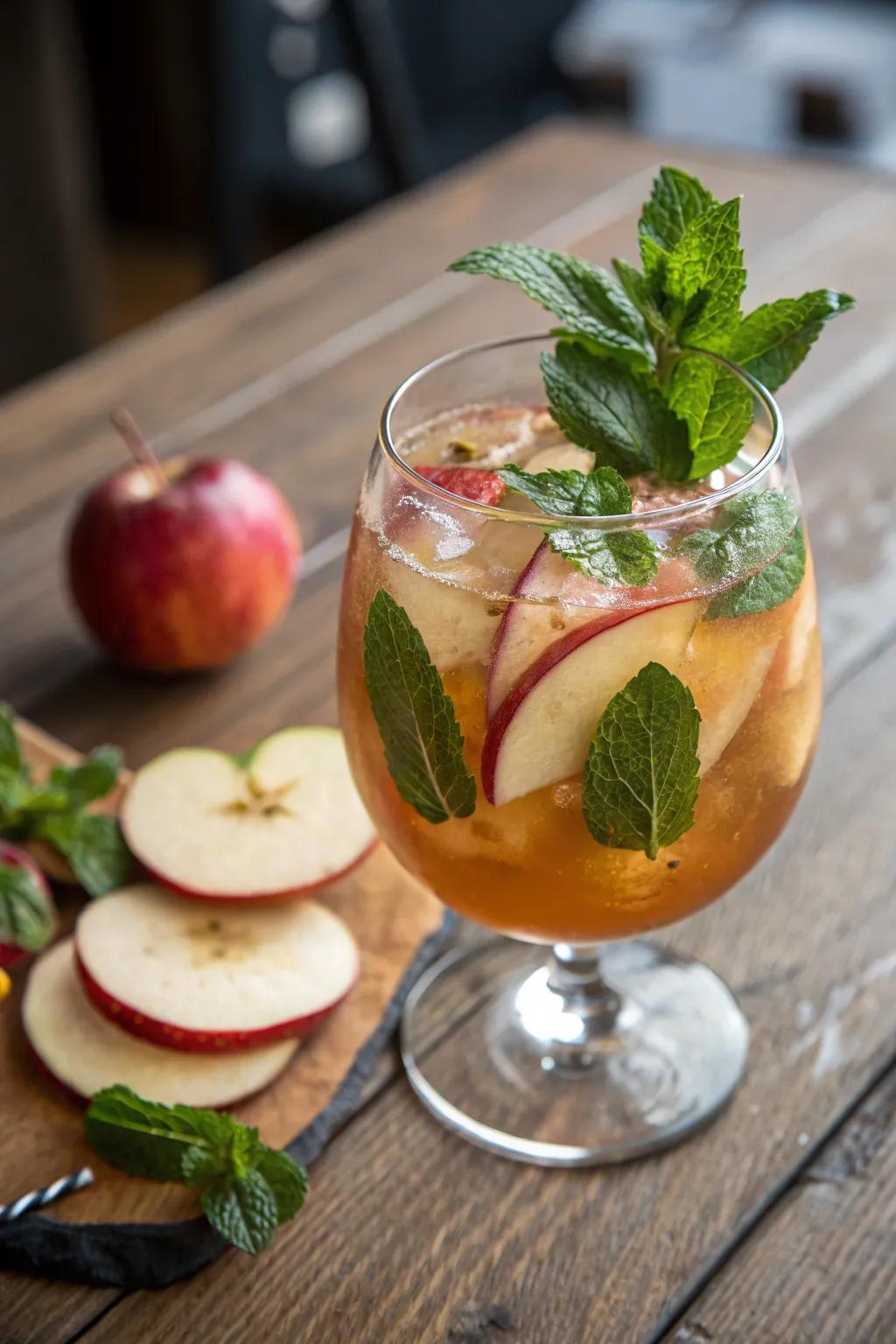 Mint leaves enhance the refreshment of apple cider punch.