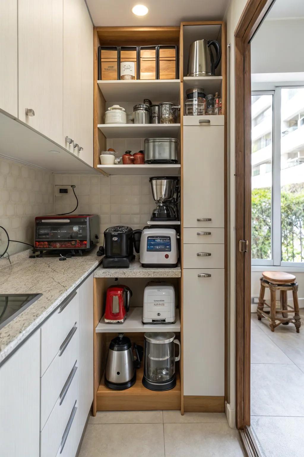 Vertical storage makes the most of narrow spaces, creating useful appliance garages.