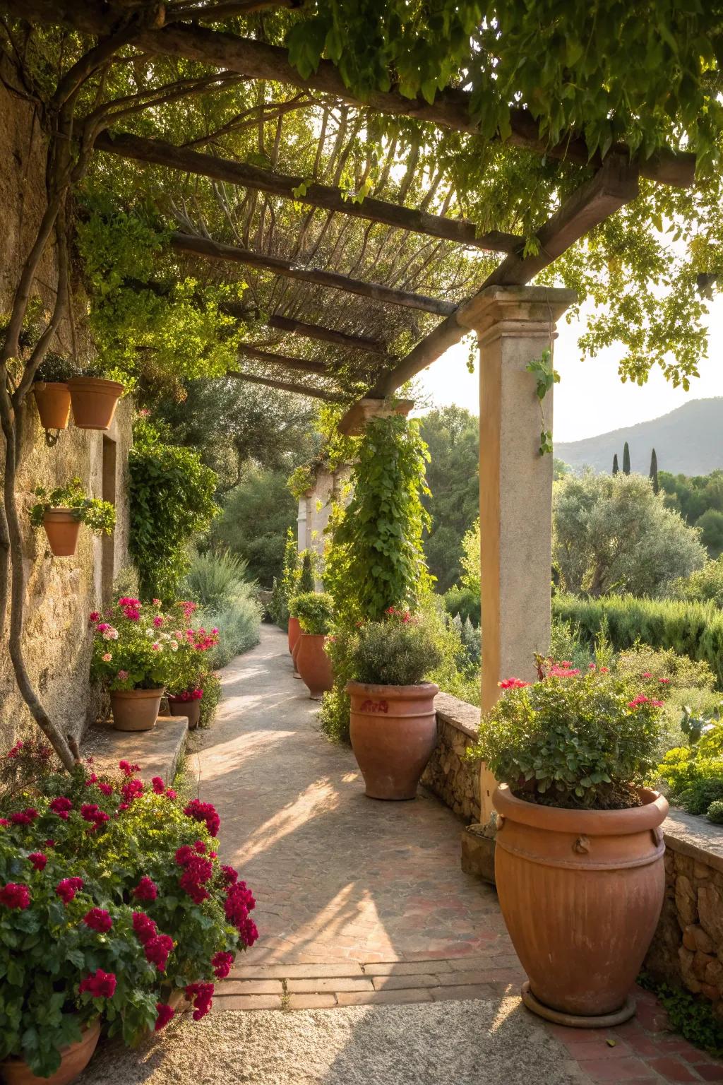 Mediterranean elements fashion a warm and inviting garden space.