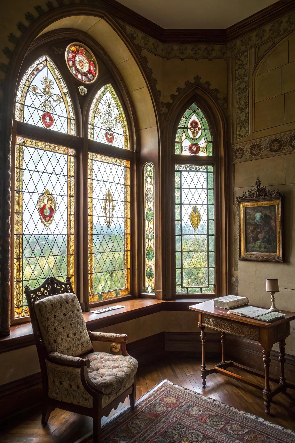 Vintage-inspired room featuring colored glass feature panels on arched windows.