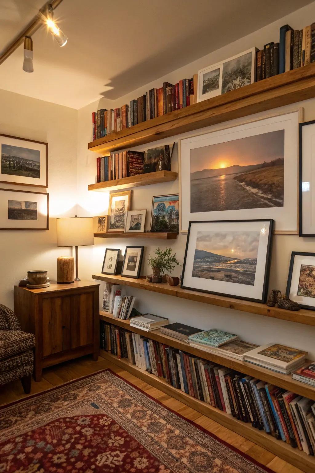Layered art prints displayed upon photo ledges, resulting in a vibrant arrangement.
