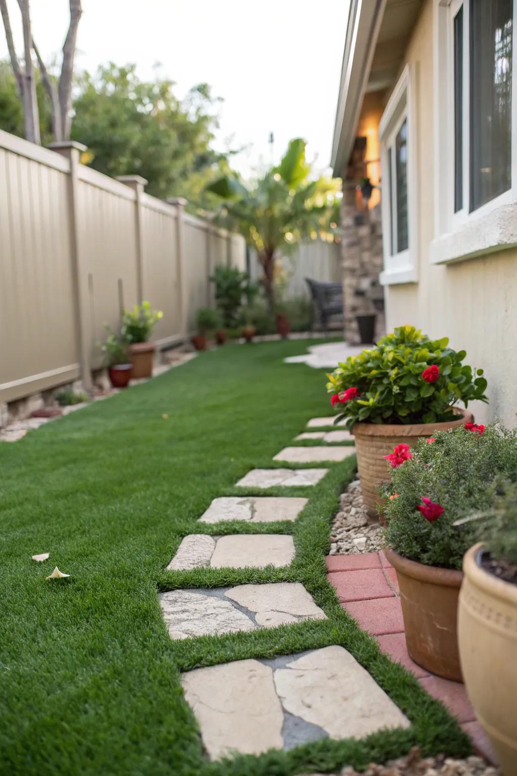 A charming side garden using rich synthetic turf.
