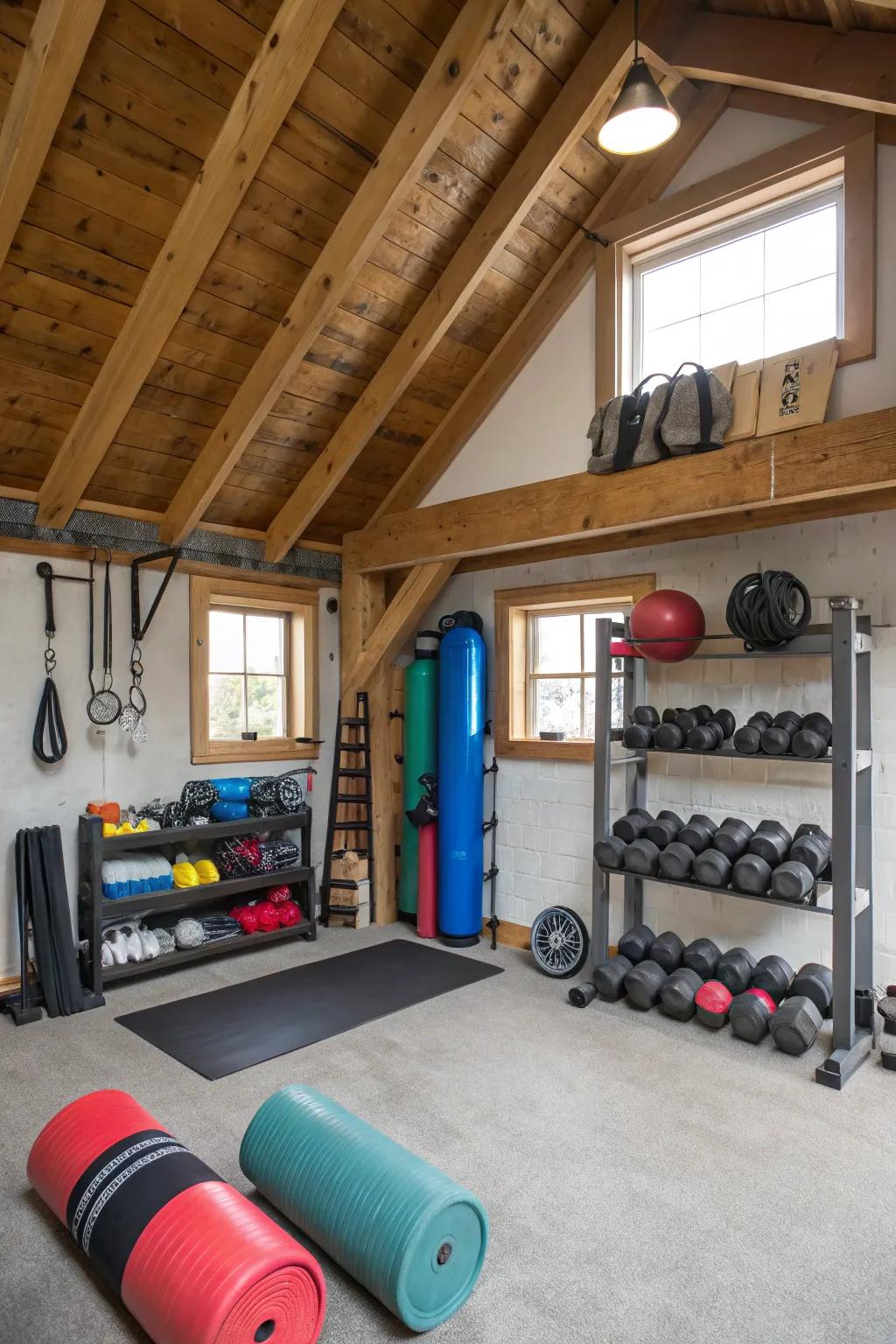 Your attic gym will be tidy thanks to efficient storage options.